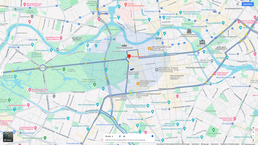 Reisedauer: Die blaue Fläche in Google Maps